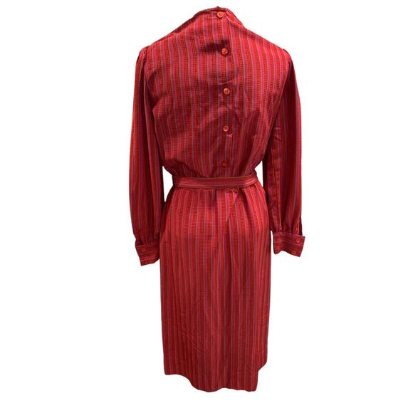 Medium Vintage 1970s Red Micro Print Midi Dress Belted Pleated Pockets - Picture 7 of 8